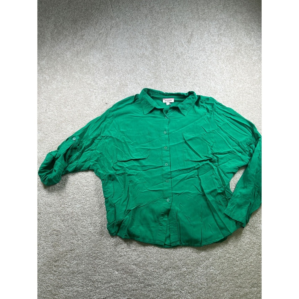 Andrée By Unit Womens Kelly Green Button-Up‎ Blouse Size L Roll-Tab Sleeves